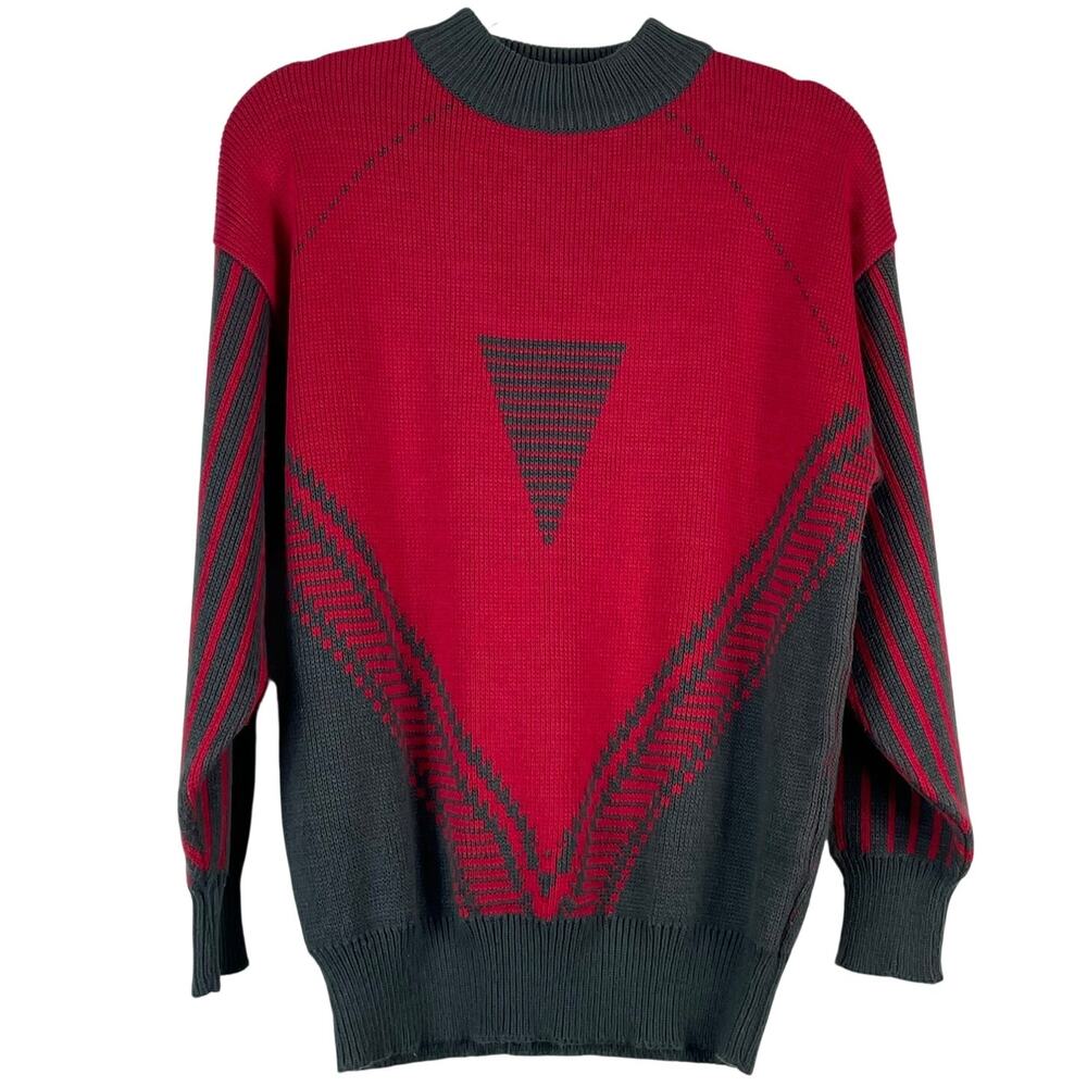 Vintage 80s Women's Red Gray Sweater Triangle Pattern Acrylic Size M Korea Made